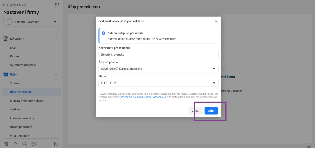 2-Ako vytvoriť Účet pre reklamu v Business manageri-effectix