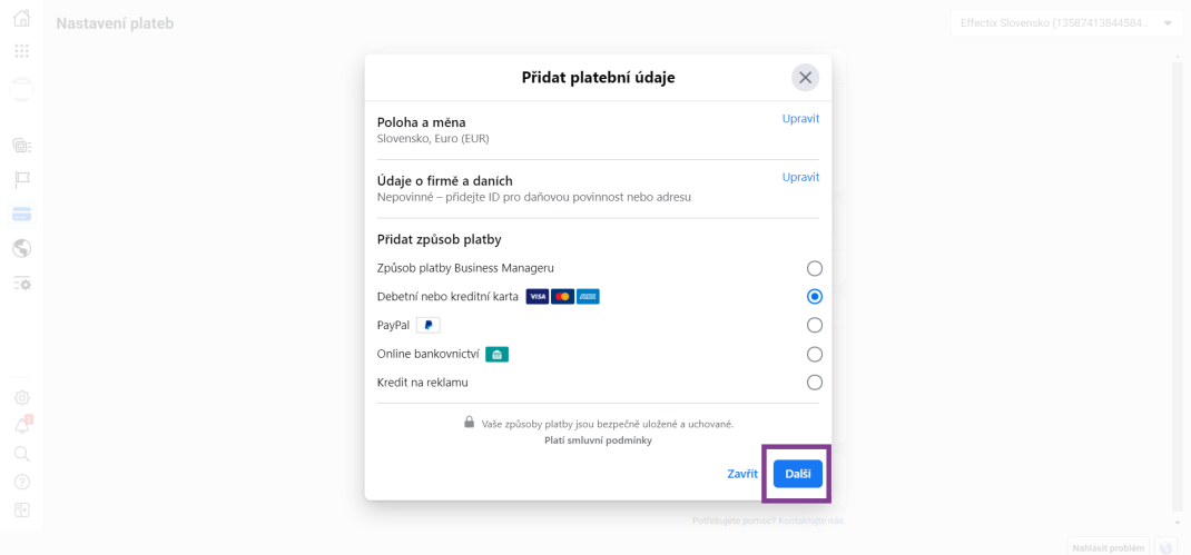 3-Ako pridať platobnú metódu do Business managera-effectix