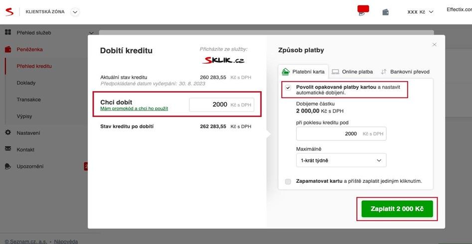 Dobití kreditu v účtu Sklik