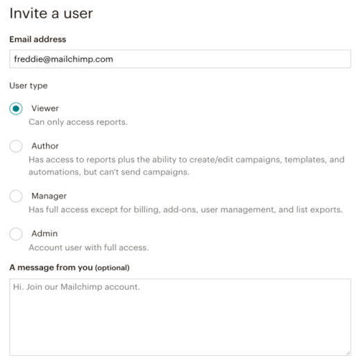 Možnosti pozvání uživatele v MailChimp