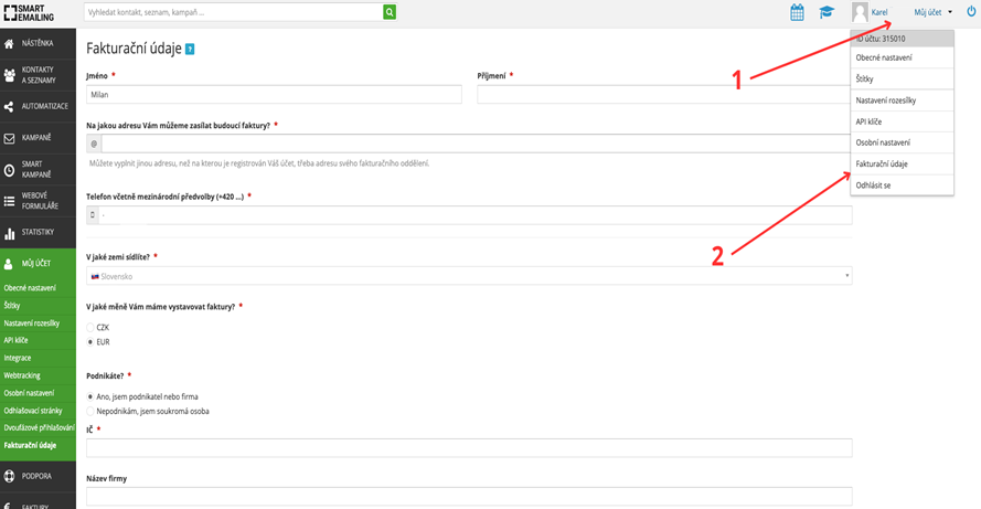 Nastavení fakturačních údajů ve SmartEmailingu