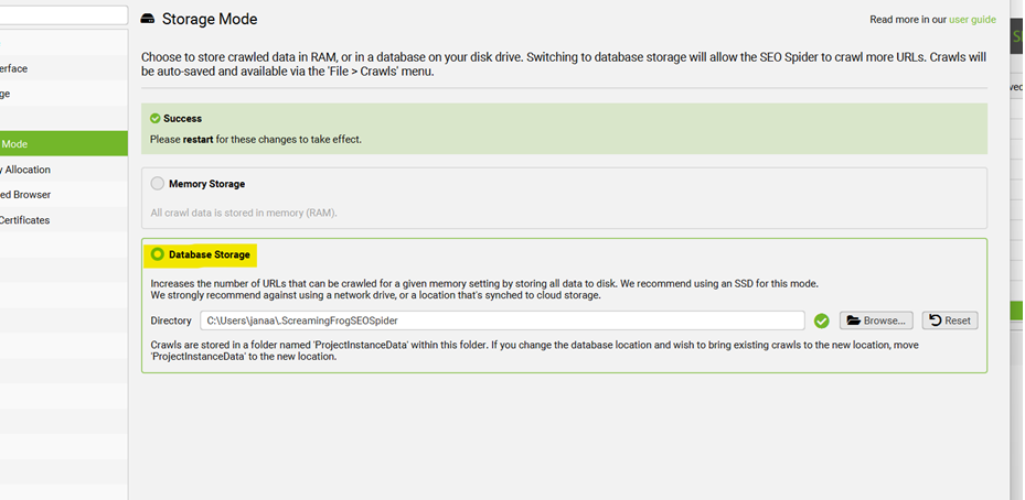 nastavenie Database Storage Mode v Screaming frogu