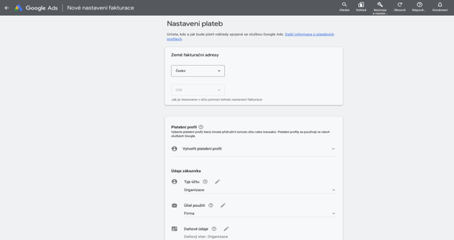 Přidání fakturačních a platebních údajů v Google Ads