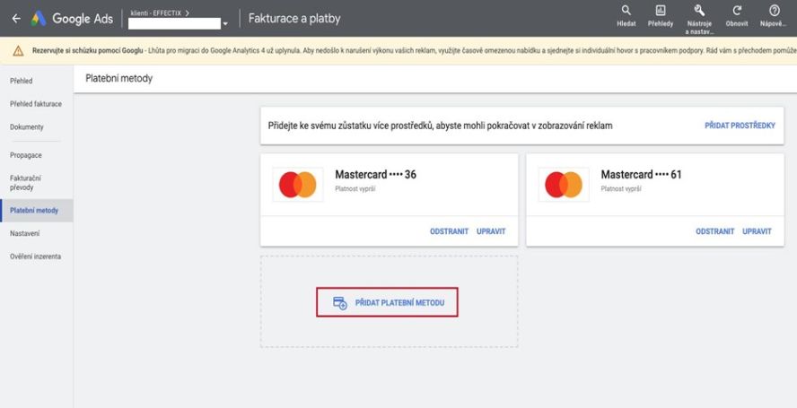 Přidání platební metody v Google Ads