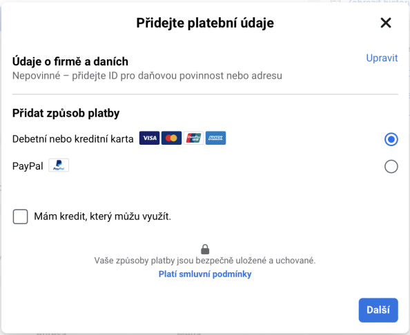 Přidání způsobu platby