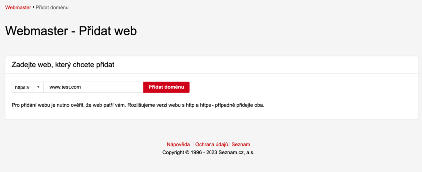 Seznam Webmaster Tool Přidat web