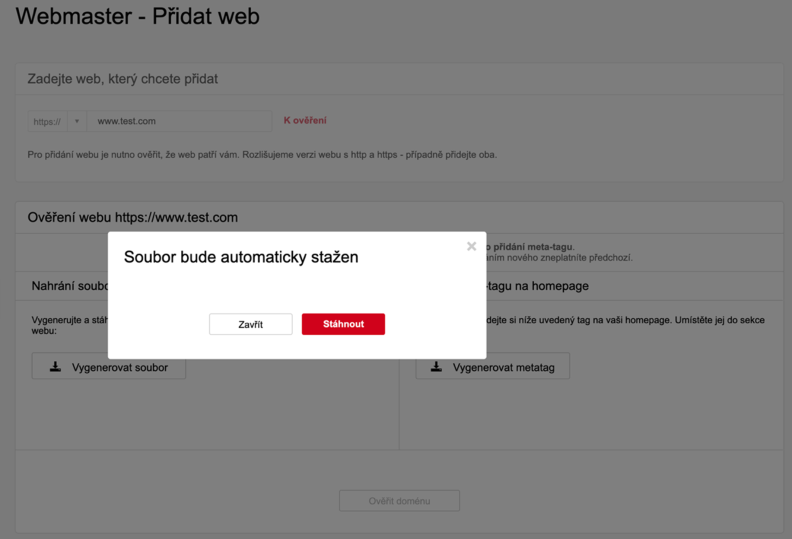 Seznam Webmaster Tool Stahování vygenerovaného souboru