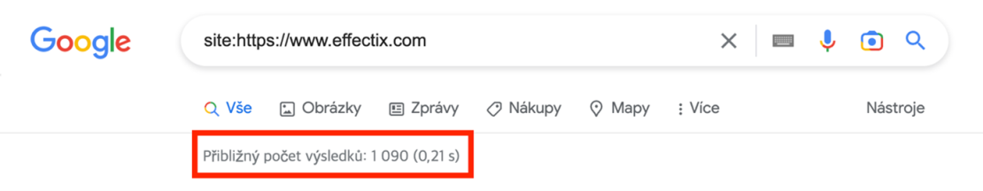 Ukázka, jak lze ověřit indexaci webu