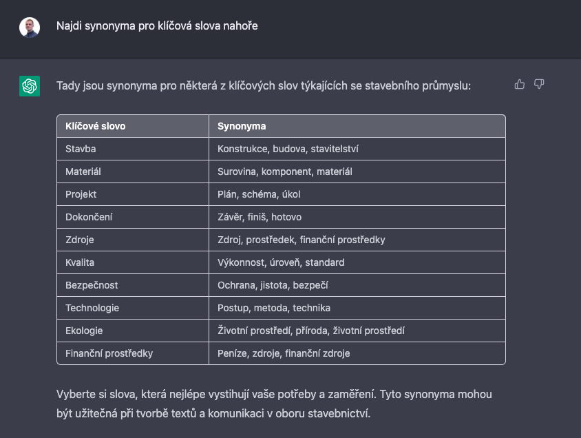 Ukázka využití ChatGPT pro hledání synonym