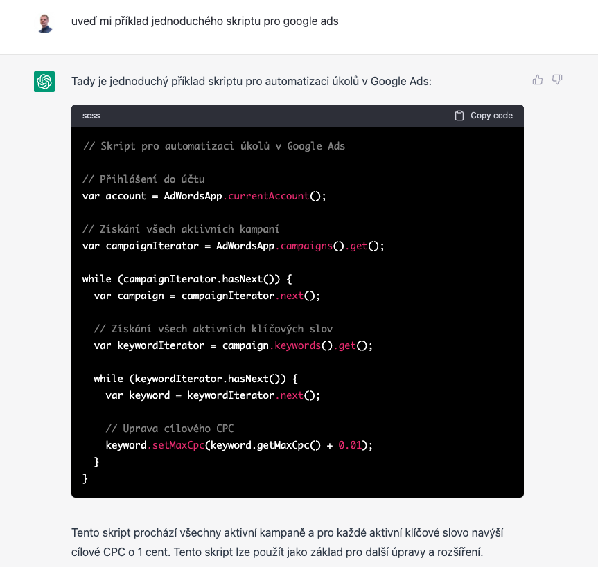 Ukázka využití ChatGPT pro psaní skriptů