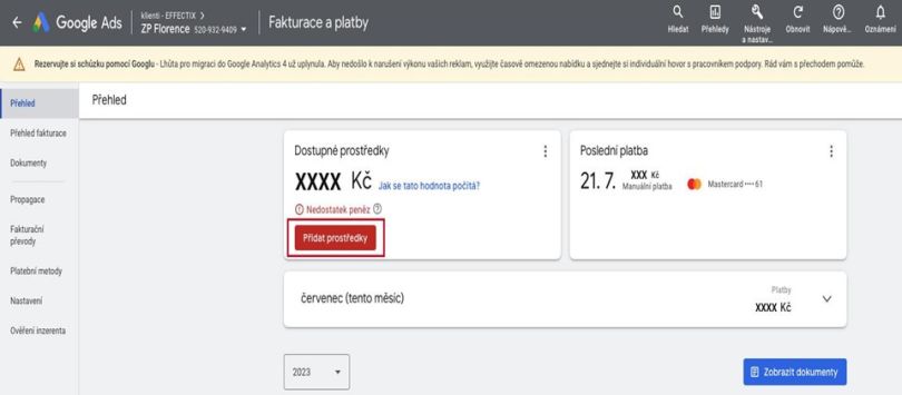 Vložení finančních prostředků na účet v Google Ads
