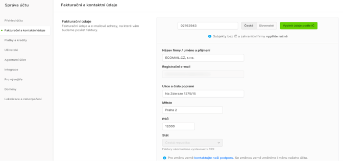 Vyplnění fakturačních údajů v Ecomailu