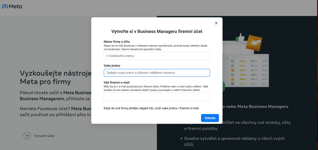 Vytvoření firemního účtu v Business Manageru
